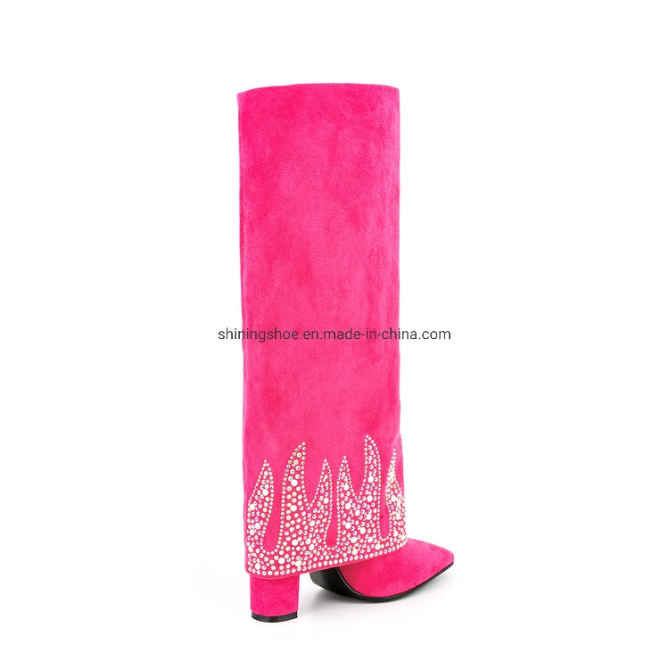 New Arrival 2023 Hot Pink Suede Fabric Long Boots for Women with Heels Fashion Wide Calf Fold Over Knee High Shark Lock Boots Women