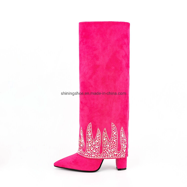 New Arrival 2023 Hot Pink Suede Fabric Long Boots for Women with Heels Fashion Wide Calf Fold Over Knee High Shark Lock Boots Women
