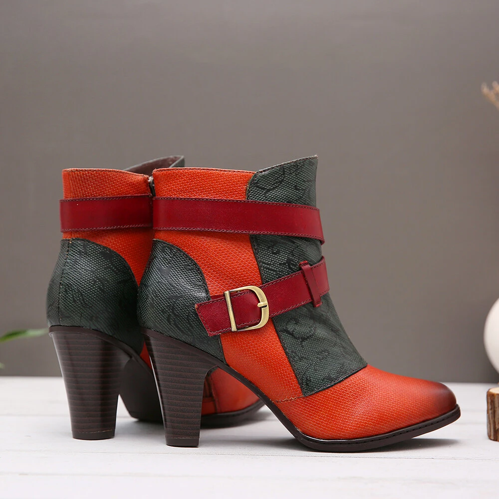 Bohemian Chic Style Leather Splicing Women High Heel Short Boots