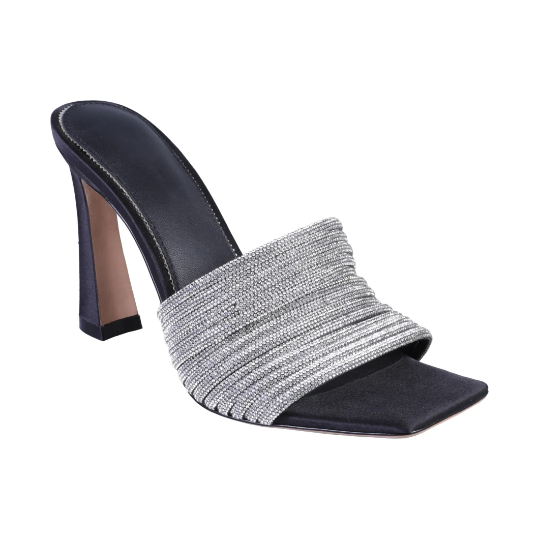 Shiny Mini Rhinestones Upper High Heel Square Toe Ladies Sandal Women Shoes