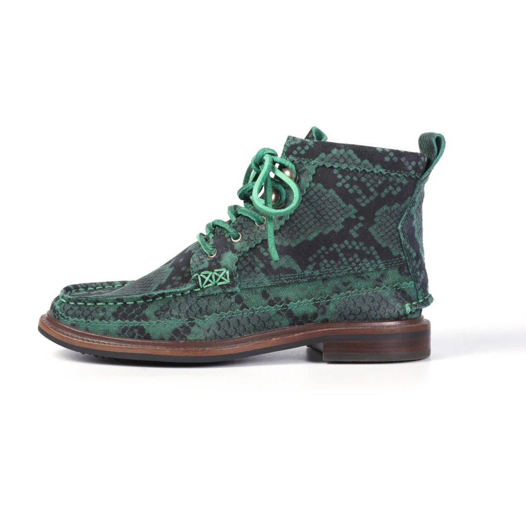 Embossed Snake Cow Suede Upper with Leather Laces Flat Heel Ladies Boot Women Shoes