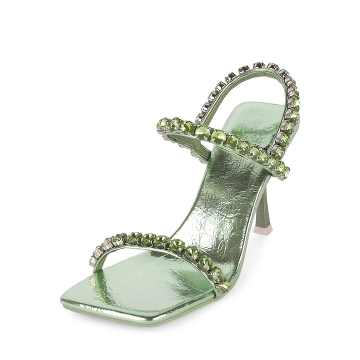 Square Toe Diamonds Decorated Bling Bling Kitten Heels Women Summer Sandals