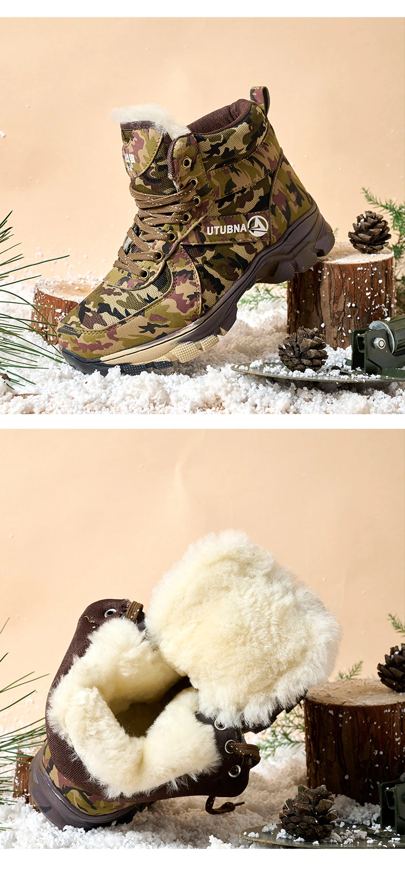Bn037 Winter Men&prime;s Shoes Plus Velvet Warm Cotton Shoes Men&prime;s Non-Slip Camouflage Wool Snow Boots Warm Shoe