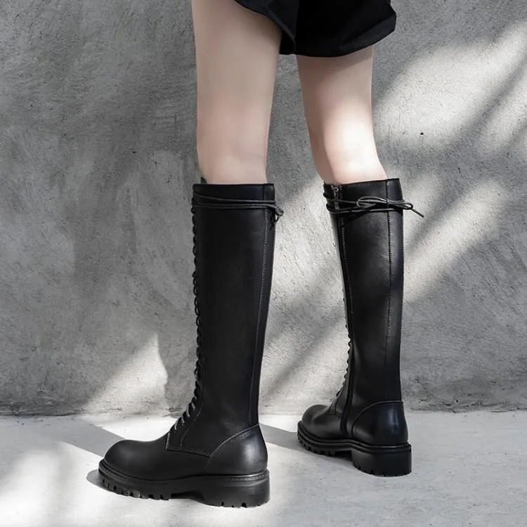 Cheap Large Size Women Knee High Boots Square High Heel Calf Flat Bootie Ankle Double Buckle Dress Long Boots