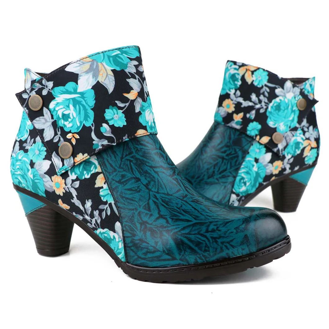 New Fashion Leather-Splicing Floral Pattern Shoes Women Casual Party Boots