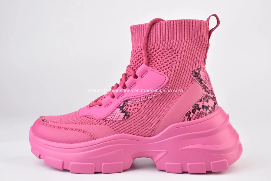 Women Ladies Fashion Chunky High Ankle Shoes Pink Chunky Boots
