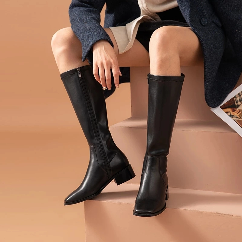 Long Boots Women Cow Leather PU Winter Ladies Boots