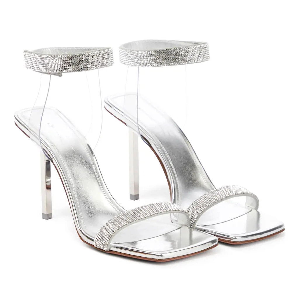 New Arrivals Sexy Silver Diamonds Ankle Strap Square Toe High Heel Women Sandal