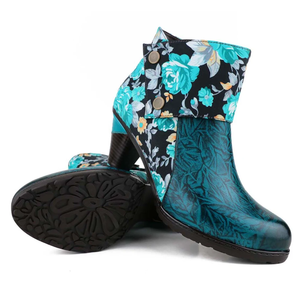 Embossed Genuine Leather Splicing Flower Pattern Handmade High Heel Boots
