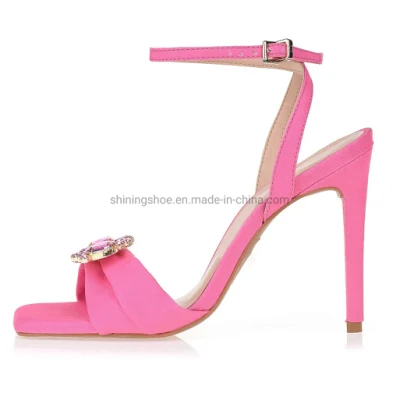 2023 African Hot Sale Heeled Sandals Summer Hot Pink Satin Diamond Ladies Shoes Party Sandals