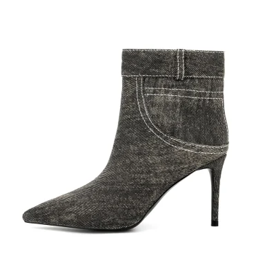 on Sale Denim Fabric Pointed Toe High Heel Women Ankle Boots