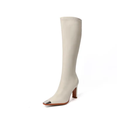 White Stretch Long Boots Inner Zipper Closure High Heel Black Women′s Knee-High Boots
