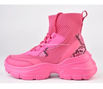Women Ladies Fashion Chunky High Ankle Shoes Pink Chunky Boots