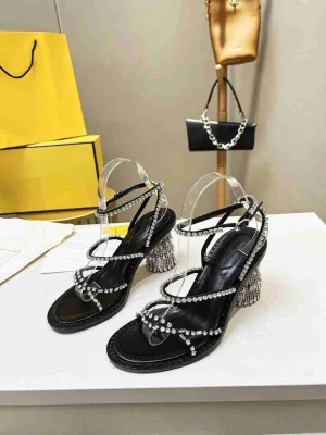 Japonisme Style Diamond Chain Luxury Design Tassels Chunky Leather Heel Ladies Sandals