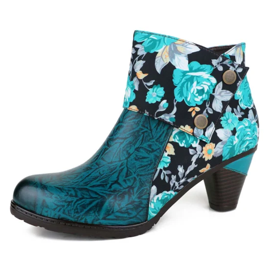 Embossed Genuine Leather Splicing Flower Pattern Handmade High Heel Boots