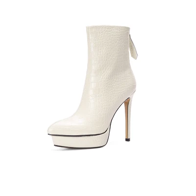Pointy Toe White Leather Back Zipper Platform Stitello Ankle Boots for Women