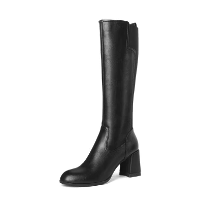 Black Leather 7cm Heel Knee High Boots Long Boots for Women