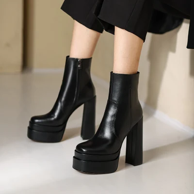 Black Leather Inner Zipper Platform Chunky High Heel Women Ankle Boots